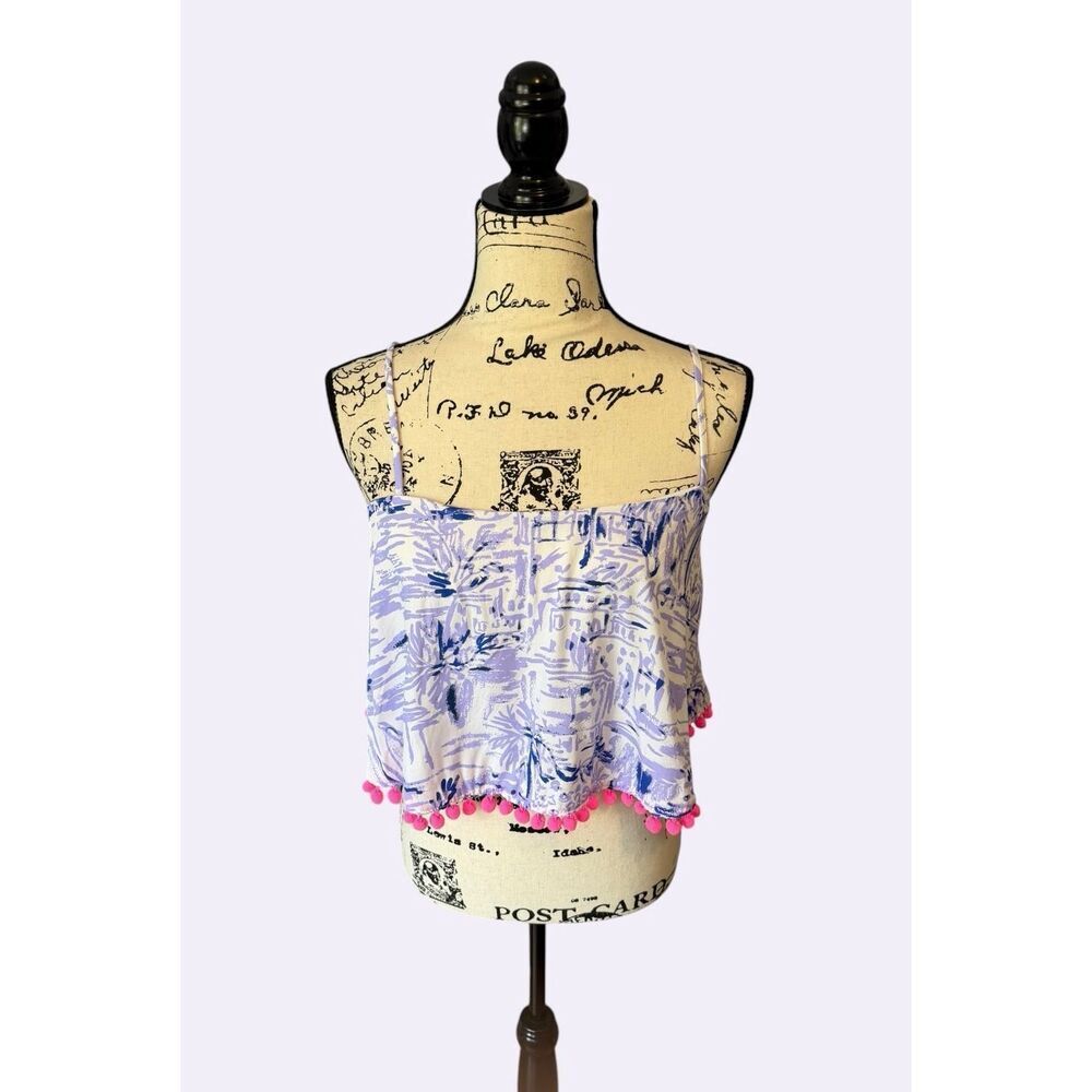 Lilly Pulitzer Crop Cami Top Size 2 Purple Blue Tropical Palm Pom Pom Hem 25485
